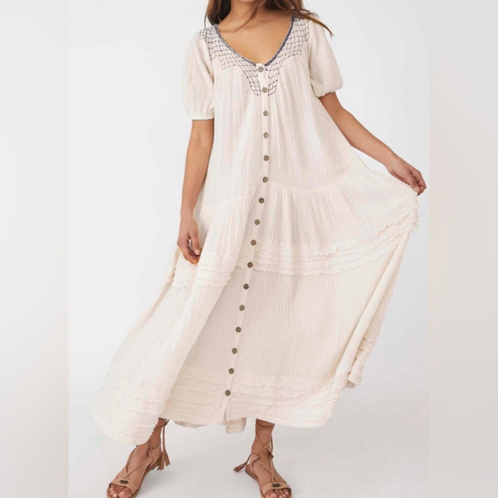 Free People Light Pink Black Trim Wood Button Maxi Dress